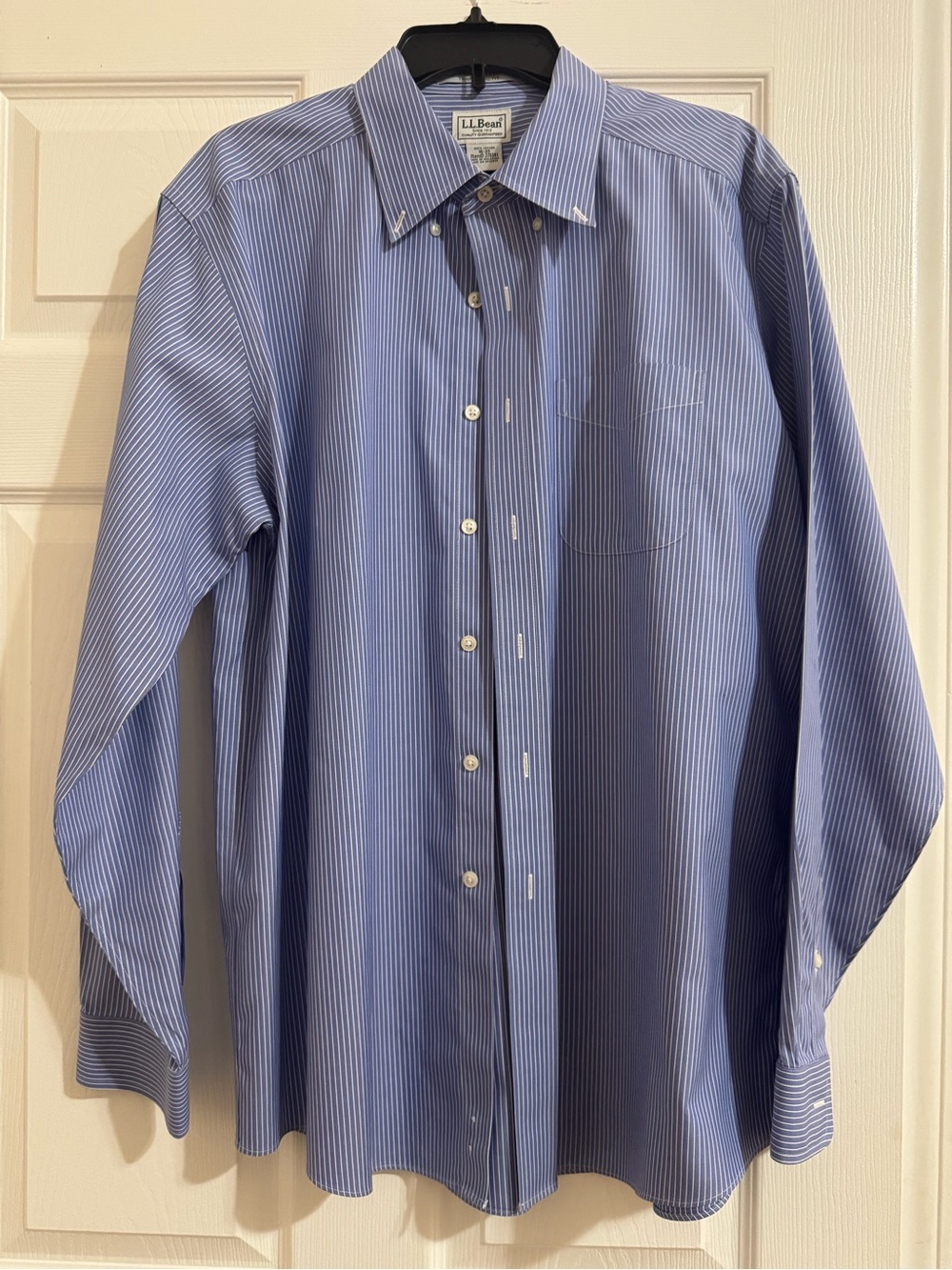 L.L. Bean Men’s Blue and White Narrow-Stripe Button-Down Dress Shirt